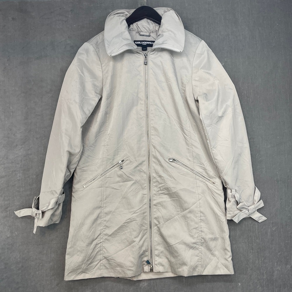 Karl‎ Lagerfeld Paris Womens Small Champagne Gray Bow Cuff ZipUp Jacket RN 54163